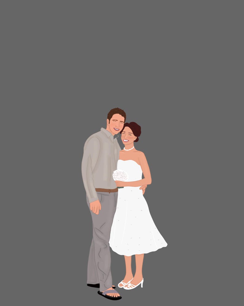 May include: A couple poses for a wedding photo. The groom is wearing a light brown button-down shirt and khaki pants. The bride is wearing a white strapless dress and holding a bouquet of white flowers.