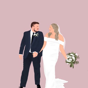 May include: A bride and groom in wedding attire, walking hand-in-hand. The groom is wearing a dark blue suit with a white shirt and a black tie. The bride is wearing a white off-the-shoulder gown with a long train. They are both smiling and looking at each other.
