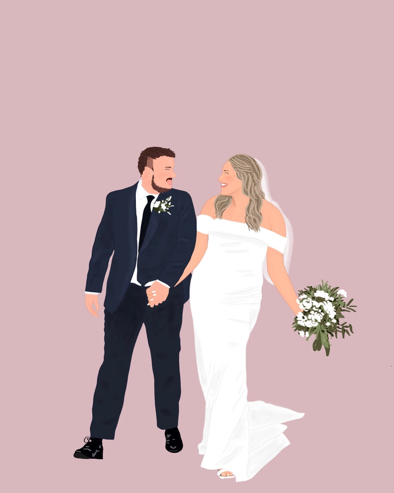 May include: A bride and groom in wedding attire, walking hand-in-hand. The groom is wearing a dark blue suit with a white shirt and a black tie. The bride is wearing a white off-the-shoulder gown with a long train. They are both smiling and looking at each other.