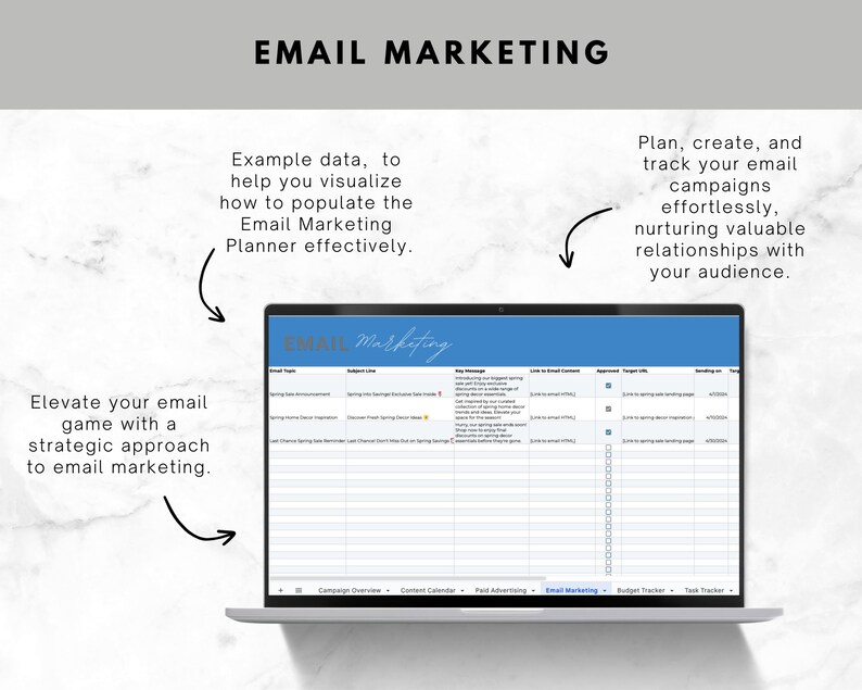 Op de afbeelding: Een laptopscherm met een blauwe en witte e-mailmarketingplanner-sjabloon. De sjabloon bevat kolommen voor e-mailonderwerpen, onderwerpregels, kernboodschappen, links naar inhoud, goedkeuring, doel-e-maillijst en verzenddatum. De tekst "E-mailmarketing" is zichtbaar onderaan het scherm.