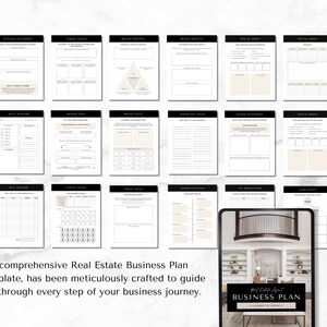 May include: A digital tablet displaying a business plan template for real estate agents. The template is titled "Real Estate Agent Business Plan" and features a black and white color scheme with a modern design. The tablet is on a white surface.