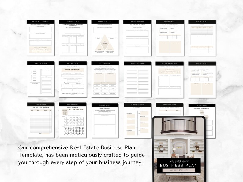 May include: A digital tablet displaying a business plan template for real estate agents. The template is titled "Real Estate Agent Business Plan" and features a black and white color scheme with a modern design. The tablet is on a white surface.