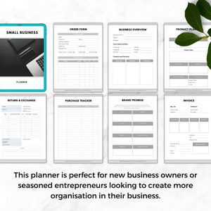 May include: A black and white printable planner for small businesses. The planner includes sections for order forms, business overview, product plans, return and exchange, purchase tracker, brand promise, and invoices.