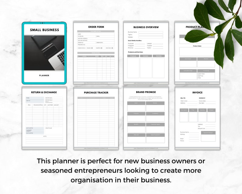 May include: A black and white printable planner for small businesses. The planner includes sections for order forms, business overview, product plans, return and exchange, purchase tracker, brand promise, and invoices.