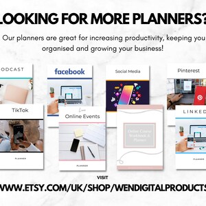 Op de afbeelding: Een verzameling printbare planners voor sociale media, online evenementen, podcasts en cursussen. De planners zijn ontworpen om je te helpen georganiseerd te blijven en je bedrijf te laten groeien. Bezoek www.etsy.com/uk/shop/WendiDigitalProducts om te kopen.