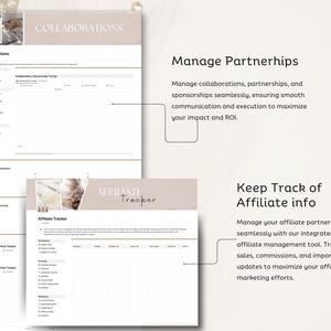 May include: A printable worksheet with a beige background and brown text. The worksheet is titled "Collaborations" and "Affiliate Tracker". The worksheet is designed to help manage collaborations, partnerships, and affiliate programs.