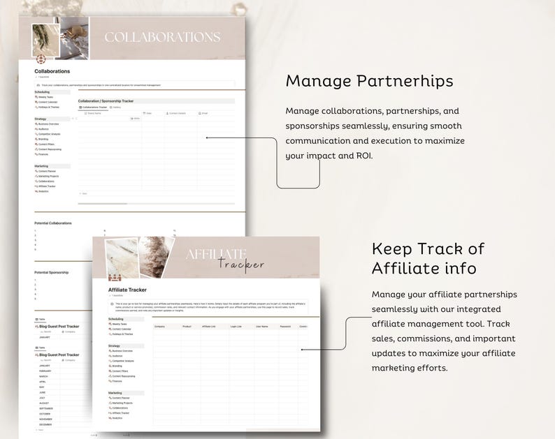 May include: A printable worksheet with a beige background and brown text. The worksheet is titled "Collaborations" and "Affiliate Tracker". The worksheet is designed to help manage collaborations, partnerships, and affiliate programs.