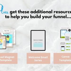 Pode incluir: Um pacote de recursos de marketing digital com um modelo de &iacute;m&atilde; de leads, uma s&eacute;rie de e-mails de boas-vindas e modelos Canva. O modelo de &iacute;m&atilde; de leads &eacute; um guia de 70 p&aacute;ginas com o t&iacute;tulo "Bem-vindo!" e uma mulher com uma camisa amarela. A s&eacute;rie de e-mails de boas-vindas &eacute; intitulada "Scripts de e-mails de boas-vindas". Os modelos Canva s&atilde;o para postagens de m&iacute;dia social e incluem o texto "T&iacute;tulo aqui".