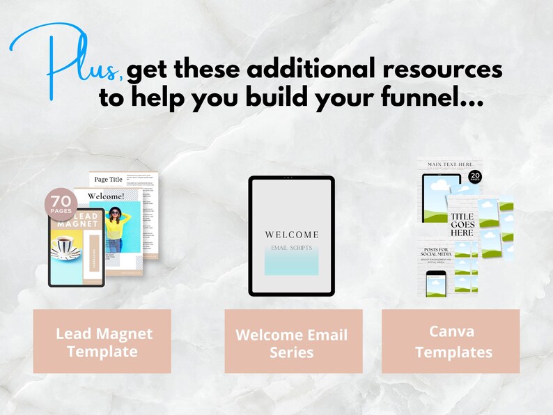 Pode incluir: Um pacote de recursos de marketing digital com um modelo de &iacute;m&atilde; de leads, uma s&eacute;rie de e-mails de boas-vindas e modelos Canva. O modelo de &iacute;m&atilde; de leads &eacute; um guia de 70 p&aacute;ginas com o t&iacute;tulo "Bem-vindo!" e uma mulher com uma camisa amarela. A s&eacute;rie de e-mails de boas-vindas &eacute; intitulada "Scripts de e-mails de boas-vindas". Os modelos Canva s&atilde;o para postagens de m&iacute;dia social e incluem o texto "T&iacute;tulo aqui".