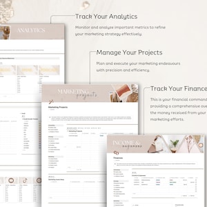May include: A digital planner template with sections for tracking analytics, managing projects, and finances. The template features a light brown background with a geometric pattern and the words "Track Your Analytics", "Manage Your Projects", and "Track Your Finances".