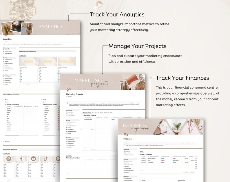 May include: A digital planner template with sections for tracking analytics, managing projects, and finances. The template features a light brown background with a geometric pattern and the words "Track Your Analytics", "Manage Your Projects", and "Track Your Finances".