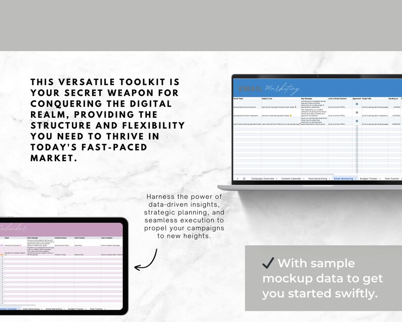 Op de afbeelding: Een digitale marketing toolkit met een blauw-wit kleurenschema. De toolkit bevat een spreadsheet met kolommen voor e-mailonderwerp, inhoud, verzenddatum en andere relevante informatie. De tekst "E-mailmarketing" is zichtbaar bovenaan de spreadsheet. De toolkit is ontworpen om bedrijven te helpen bij het plannen en uitvoeren van hun e-mailmarketingcampagnes.