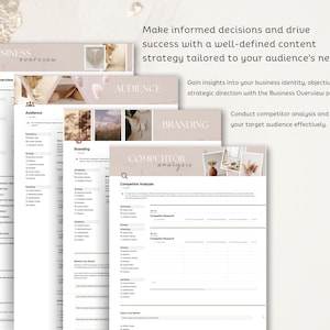 May include: A printable worksheet with the title "Business Overview" and sections for "Audience", "Branding", and "Competitor Analysis". The worksheet is designed to help businesses gain insights into their target audience, brand identity, and competitive landscape.