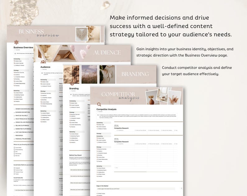 May include: A printable worksheet with the title "Business Overview" and sections for "Audience", "Branding", and "Competitor Analysis". The worksheet is designed to help businesses gain insights into their target audience, brand identity, and competitive landscape.