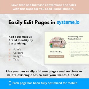 Pode incluir: Uma captura de tela de um site mostrando um construtor de funil de vendas. O texto na tela diz "Introducing [Your Product Name]" e "Limited Time Only!" O texto na p&aacute;gina diz "Easily Edit Pages in systeme.io".