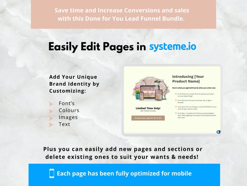 Pode incluir: Uma captura de tela de um site mostrando um construtor de funil de vendas. O texto na tela diz "Introducing [Your Product Name]" e "Limited Time Only!" O texto na p&aacute;gina diz "Easily Edit Pages in systeme.io".
