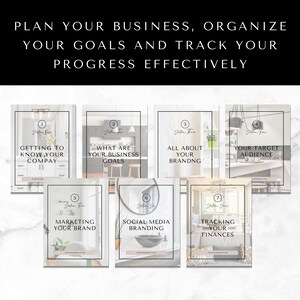 May include: A set of seven printable guides for planning a business, organizing goals, and tracking progress. The guides are titled: Getting to Know Your Company, What Are Your Business Goals, All About Your Branding, Your Target Audience, Marketing Your Brand, Social Media Branding, and Tracking Your Finances.