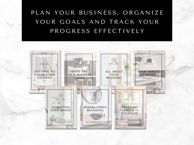 May include: A set of seven printable guides for planning a business, organizing goals, and tracking progress. The guides are titled: Getting to Know Your Company, What Are Your Business Goals, All About Your Branding, Your Target Audience, Marketing Your Brand, Social Media Branding, and Tracking Your Finances.
