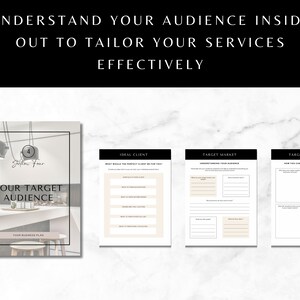 May include: A black and white printable worksheet with the title "Your Target Audience" and the text "Understand your audience inside out to tailor your services effectively". The worksheet includes sections for "Ideal Client", "Target Market", and "How you can help your audience".