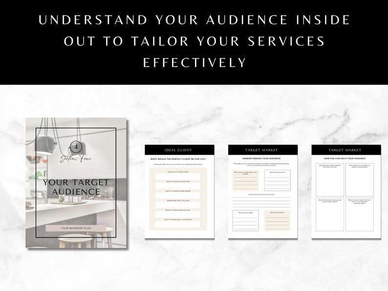 May include: A black and white printable worksheet with the title "Your Target Audience" and the text "Understand your audience inside out to tailor your services effectively". The worksheet includes sections for "Ideal Client", "Target Market", and "How you can help your audience".