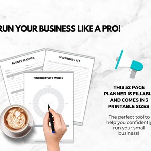 May include: A 52-page printable business planner with sections for budgeting, inventory, and productivity. The planner comes in three printable sizes and features a productivity wheel.