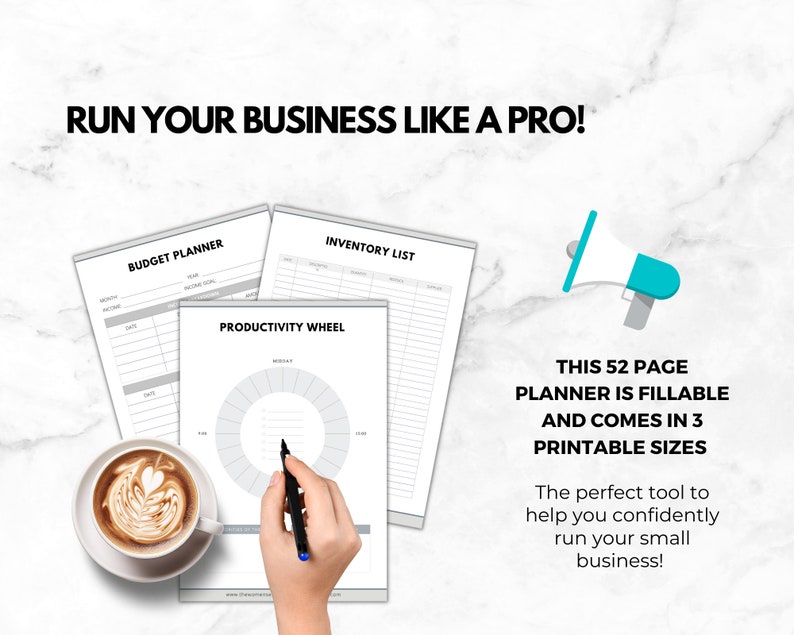 May include: A 52-page printable business planner with sections for budgeting, inventory, and productivity. The planner comes in three printable sizes and features a productivity wheel.