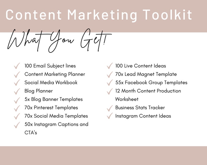 K&ouml;nnte beinhalten: Eine Checkliste mit Content-Marketing-Ressourcen, darunter E-Mail-Betreffzeilen, Social-Media-Vorlagen, ein Blog-Planer und Content-Produktionsbl&auml;tter. Der Text "What You Get!" steht oben auf der Liste.