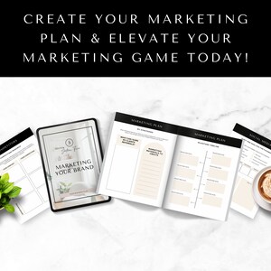 May include: A marketing plan template with the title "Marketing Your Brand" on a tablet, along with other pages titled "Competitors", "Marketing Plan", and "Social Media".