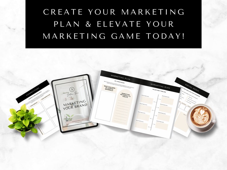May include: A marketing plan template with the title "Marketing Your Brand" on a tablet, along with other pages titled "Competitors", "Marketing Plan", and "Social Media".