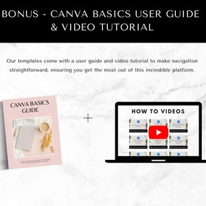 May include: A pink and white Canva Basics Guide booklet with a cup of coffee and dried flowers on the cover. A laptop screen shows a series of video tutorials with a play button on one of the videos. The text on the laptop screen says "How to Videos".