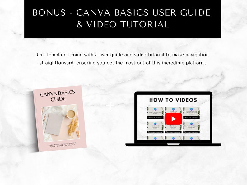 May include: A pink and white Canva Basics Guide booklet with a cup of coffee and dried flowers on the cover. A laptop screen shows a series of video tutorials with a play button on one of the videos. The text on the laptop screen says "How to Videos".