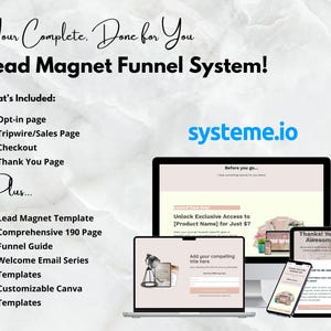 Pode incluir: Um sistema de marketing digital para gera&ccedil;&atilde;o de leads. A imagem mostra uma tela de computador com um modelo de site, um tablet e um telefone. O modelo do site tem um fundo rosa e o texto "Unlock Exclusive Access to [Product Name] for Just $7". O tablet mostra uma mensagem de agradecimento com o texto "Obrigado! Voc&ecirc; &eacute; incr&iacute;vel!"