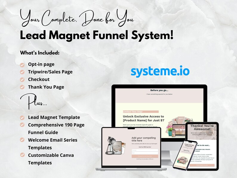 Pode incluir: Um sistema de marketing digital para gera&ccedil;&atilde;o de leads. A imagem mostra uma tela de computador com um modelo de site, um tablet e um telefone. O modelo do site tem um fundo rosa e o texto "Unlock Exclusive Access to [Product Name] for Just $7". O tablet mostra uma mensagem de agradecimento com o texto "Obrigado! Voc&ecirc; &eacute; incr&iacute;vel!"