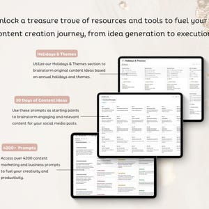 May include: Three screenshots of a digital planner with the text "Holidays & Themes", "30 Days of Content Ideas", and "4200+ Prompts". The planner is designed to help users brainstorm content ideas for social media.