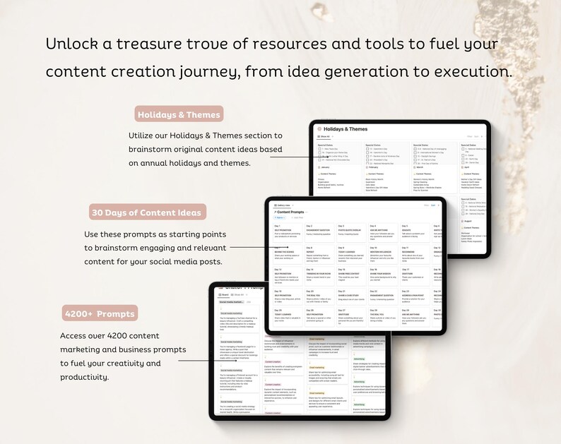 May include: Three screenshots of a digital planner with the text "Holidays & Themes", "30 Days of Content Ideas", and "4200+ Prompts". The planner is designed to help users brainstorm content ideas for social media.
