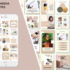 K&ouml;nnte beinhalten: Eine Collage von Social-Media-Vorlagen f&uuml;r Unternehmer. Die Vorlagen zeigen eine Vielzahl von Farben, Schriftarten und Bildern, darunter Zitate, Tipps und Erfolgsgeschichten. Der Text enth&auml;lt S&auml;tze wie "Gib niemals etwas auf, woran du nicht einen Tag lang denken kannst", "Leben, Lieben, Lachen" und "Deine Denkweise ist alles".