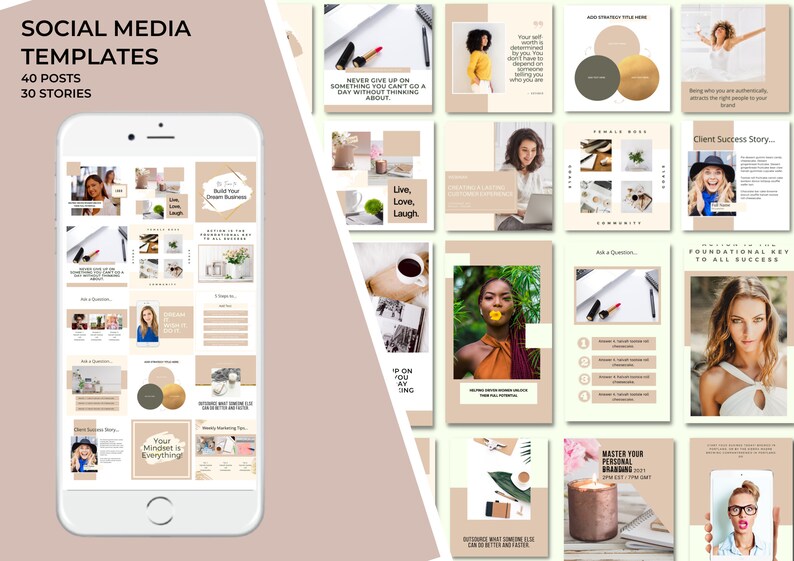 K&ouml;nnte beinhalten: Eine Collage von Social-Media-Vorlagen f&uuml;r Unternehmer. Die Vorlagen zeigen eine Vielzahl von Farben, Schriftarten und Bildern, darunter Zitate, Tipps und Erfolgsgeschichten. Der Text enth&auml;lt S&auml;tze wie "Gib niemals etwas auf, woran du nicht einen Tag lang denken kannst", "Leben, Lieben, Lachen" und "Deine Denkweise ist alles".