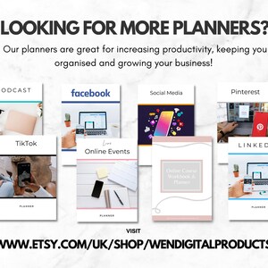 May include: A collection of printable planners for social media, online events, podcasts, and courses. The planners are designed to help you organize your business and increase productivity. Visit www.etsy.com/uk/shop/WendiDigitalProducts to purchase.