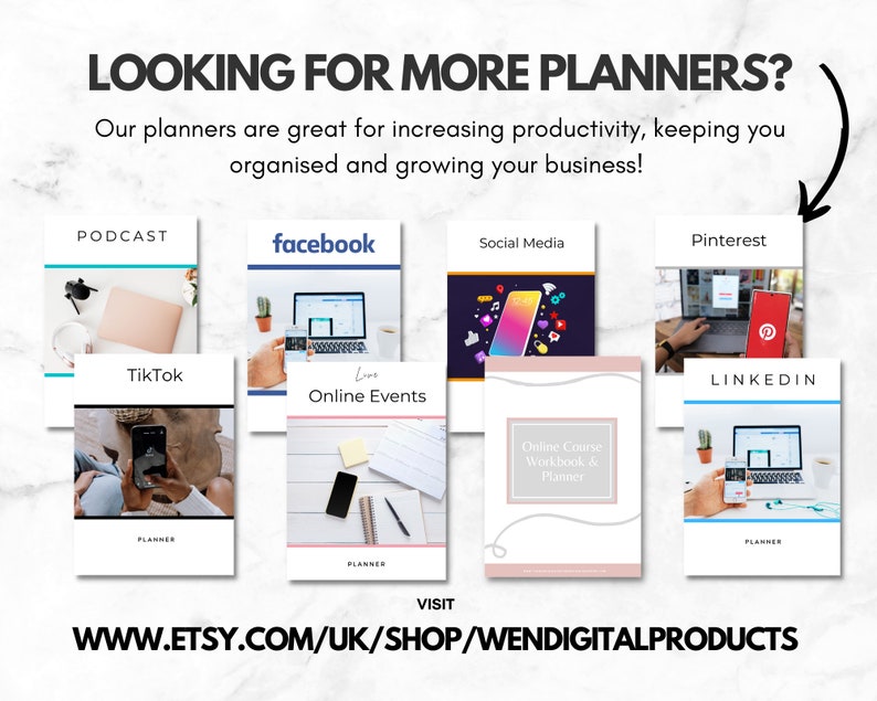 May include: A collection of printable planners for social media, online events, podcasts, and courses. The planners are designed to help you organize your business and increase productivity. Visit www.etsy.com/uk/shop/WendiDigitalProducts to purchase.