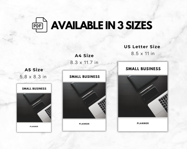 May include: A digital planner for small businesses in three sizes: US Letter (8.5 x 11 inches), A4 (8.3 x 11.7 inches), and A5 (5.8 x 8.3 inches). The image shows a black and white planner with a laptop, phone, and pen on a black surface.