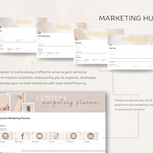May include: A content marketing planner template with a beige background and gold accents. The template includes sections for blog, email marketing, podcast, paid ads, and social media platforms. The text "Content Marketing Planner" is displayed in a beige box with gold accents.