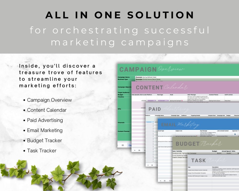 Op de afbeelding: Een groene, roze, blauwe en grijze printbare marketingplanner met de tekst "ALL IN ONE SOLUTION for orchestrating successful marketing campaigns". De planner bevat secties voor campagneoverzicht, contentkalender, betaalde advertenties, e-mailmarketing, budgettracker en taaktracker.