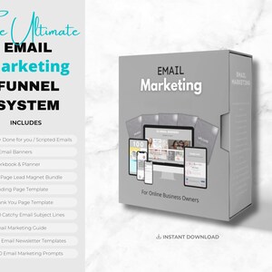 Puede incluir: Una caja gris con el texto "Email Marketing" en la parte delantera. La caja contiene un producto digital para propietarios de negocios en línea. El producto incluye más de 70 correos electrónicos escritos, 5 banners de correo electrónico, una libreta y un planificador, un paquete de 70 imanes de clientes potenciales, una plantilla de página de destino, una plantilla de página de agradecimiento, 100 líneas de asunto de correo electrónico pegadizas, una guía de marketing por correo electrónico, 20 plantillas de boletines de correo electrónico y 250 indicaciones de marketing por correo electrónico. El texto "Descarga instantánea" está en la parte inferior de la caja.