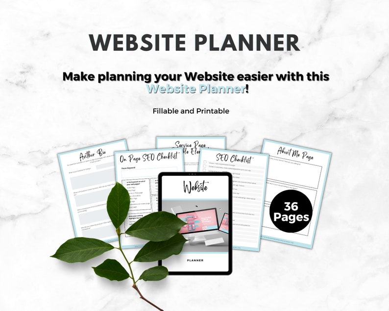 Op de afbeelding: Een websiteplanner met 36 pagina's om u te helpen uw website te plannen. De planner bevat secties voor een auteursbiografie, een on-page SEO-checklist, een servicepagina, een SEO-checklist en een over mij-pagina. De planner is invulbaar en printbaar.