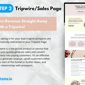 Pode incluir: Um gr&aacute;fico rosa e azul com o texto "STEP 2 Tripwire/Sales Page" e o texto "Earn Revenue Straight Away With a Tripwire!"  Uma captura de tela de uma p&aacute;gina da web com o texto "THANK YOU FOR SIGNING UP!" e "Unlock Exclusive Access to [Product Name] for Just &euro;7".