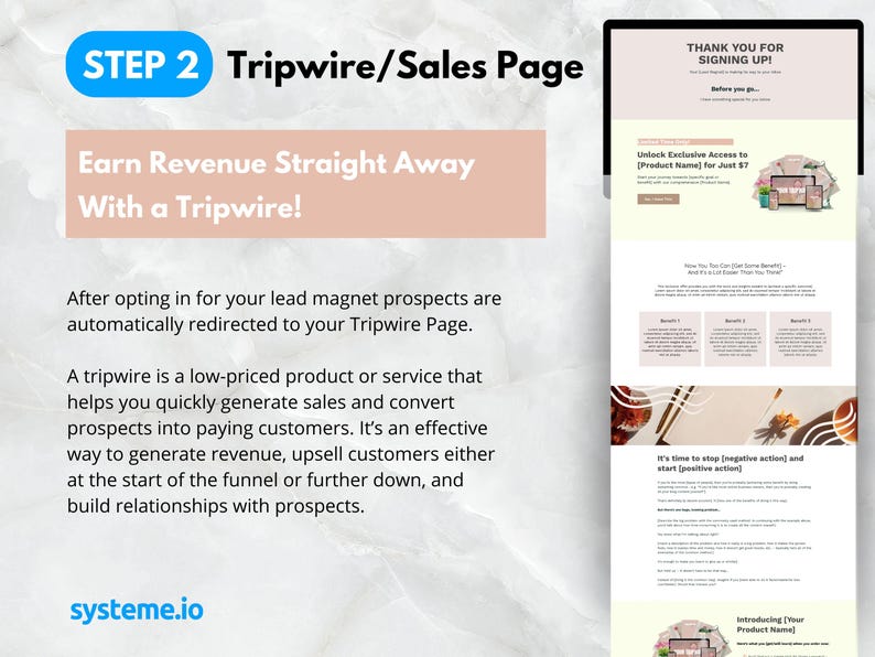 Pode incluir: Um gr&aacute;fico rosa e azul com o texto "STEP 2 Tripwire/Sales Page" e o texto "Earn Revenue Straight Away With a Tripwire!"  Uma captura de tela de uma p&aacute;gina da web com o texto "THANK YOU FOR SIGNING UP!" e "Unlock Exclusive Access to [Product Name] for Just &euro;7".
