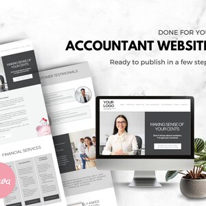 May include: A website mockup for an accountant, featuring a black and white design with the text "Making Sense of Your Cents". The website includes sections for services, testimonials, and a contact form. The website is ready to publish in a few steps.