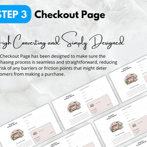 Pode incluir: Uma maquete de uma p&aacute;gina de checkout com o texto "STEP 3 Checkout Page" e "High Converting and Simply Designed". O texto explica que a p&aacute;gina de checkout foi projetada para ser perfeita e direta, reduzindo o risco de barreiras ou pontos de atrito que podem impedir os clientes de fazer uma compra.