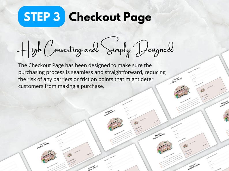 Pode incluir: Uma maquete de uma p&aacute;gina de checkout com o texto "STEP 3 Checkout Page" e "High Converting and Simply Designed". O texto explica que a p&aacute;gina de checkout foi projetada para ser perfeita e direta, reduzindo o risco de barreiras ou pontos de atrito que podem impedir os clientes de fazer uma compra.