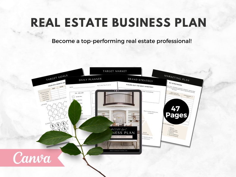 May include: A black and white printable real estate business plan with 47 pages. The pages include sections for target goals, daily planner, target market, brand strategy, and marketing plan. The image also includes a Canva logo.
